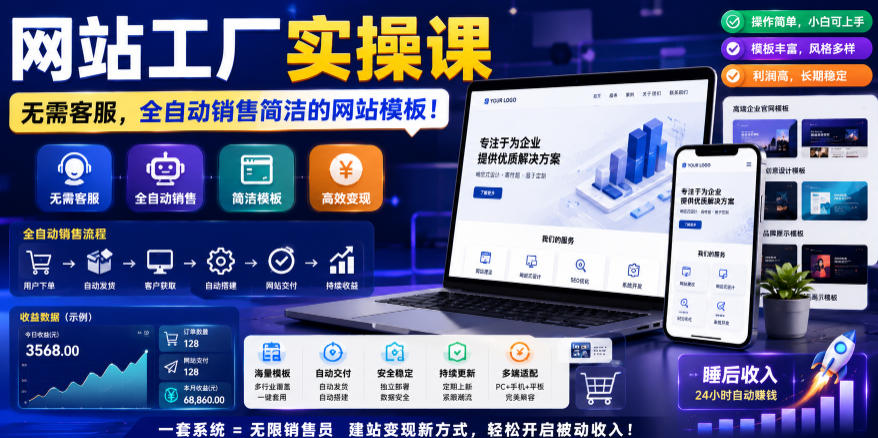 网站工厂实操课，无需客服，网站模板自动赚钱！【原创双语字幕】-校睿铺