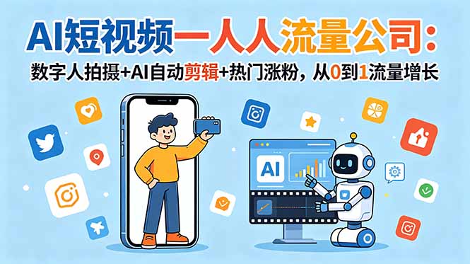 AI短视频一人流量公司：数字人拍摄+AI自动剪辑+热门涨粉，从0到1流量增长-校睿铺