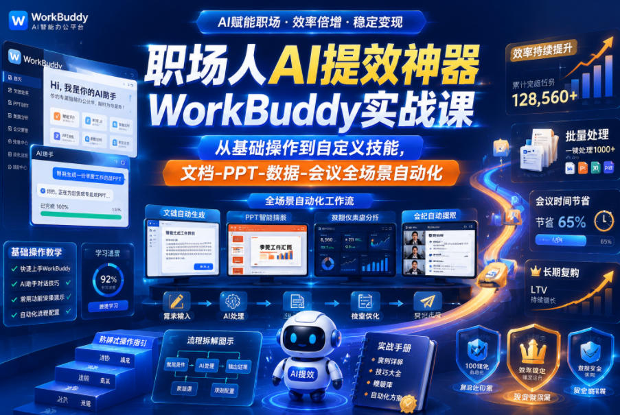 职场人AI提效神器WorkBuddy实战课，从基础操作到自定义技能，文档-PPT-数据-会议全场景自动化-校睿铺