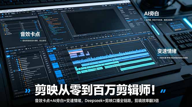 剪映从零到百万剪辑师！音效卡点+AI旁白+变速情绪，Deepseek+剪映口播全链路，剪辑效率翻3倍-校睿铺
