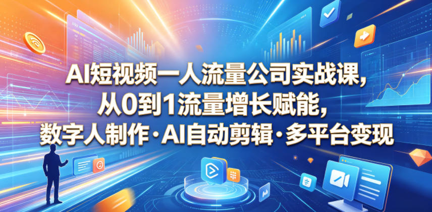 AI短视频一人流量公司实战课，从0到1流量增长赋能，数字人制作・AI自动剪辑・多平台变现，一人做流量生意全落地教程-校睿铺