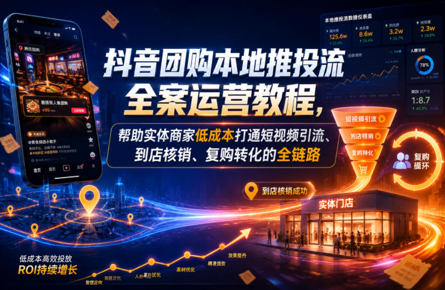 抖音团购本地推投流全案运营教程，帮助实体商家低成本打通短视频引流、到店核销、复购转化的全链路-校睿铺