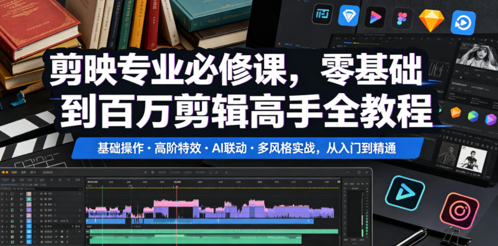 剪映专业必修课，零基础到百万剪辑高手全教程，基础操作・高阶特效・AI联动・多风格实战，从入门到精通-校睿铺
