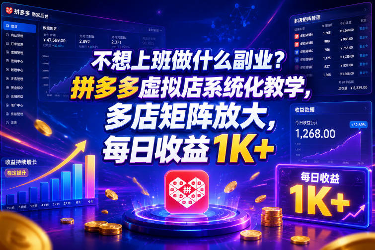 不想上班做什么副业？拼多多虚拟店系统化教学，多店矩阵放大，每日收益1K+【揭秘】-校睿铺