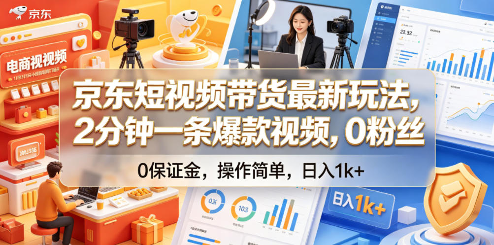 京东短视频带货最新玩法，2分钟一条爆款视频，0粉丝，0保证金，操作简单，日入1k+【揭秘】-校睿铺