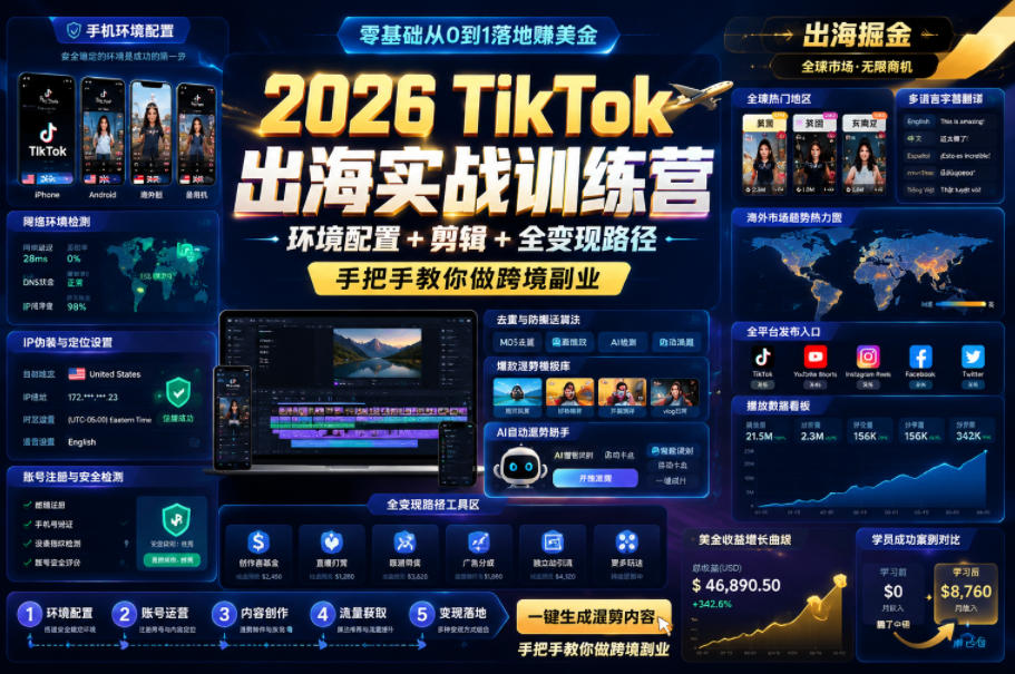 2026 TikTok出海实战训练营，环境配置 + 剪辑 + 全变现路径，手把手教你做跨境副业-校睿铺
