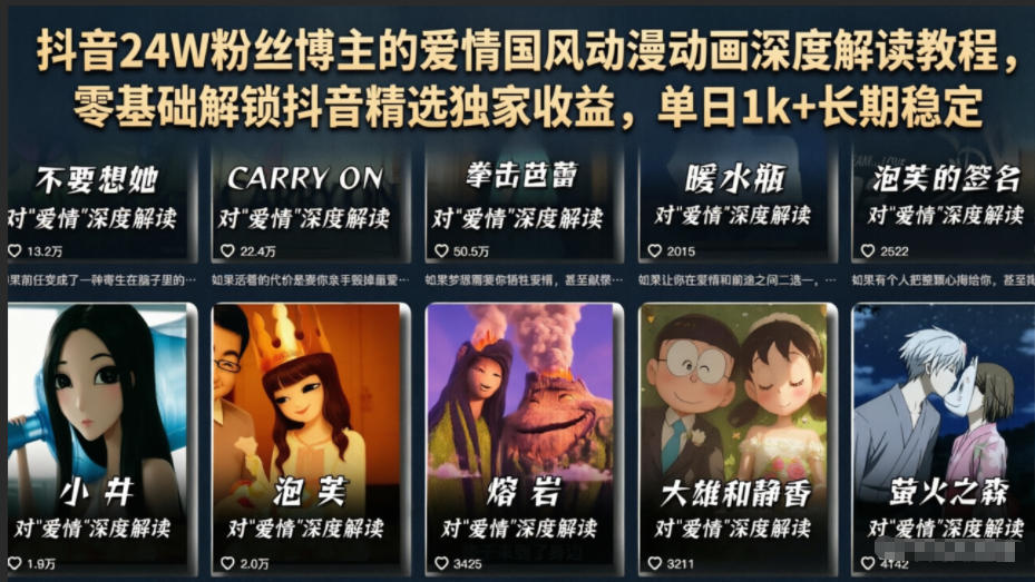 抖音24W粉丝博主的爱情国风动漫动画深度解读教程，零基础解锁抖音精选独家收益，单日1k+长期稳定-校睿铺