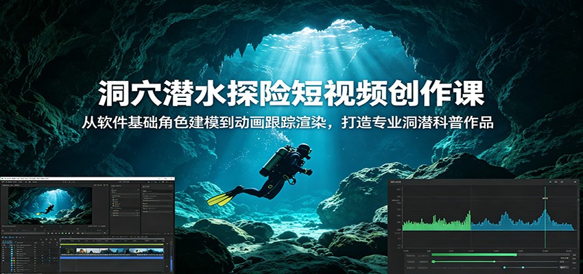 洞穴潜水探险短视频创作课：从软件基础角色建模到动画跟踪渲染，打造专业洞潜科普作品-校睿铺