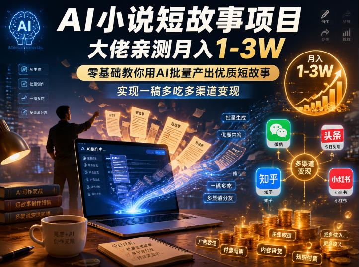 AI小说短故事项目，大佬亲测月入1-3W，零基础教你用AI批量产出优质短故事，实现一稿多吃多渠道变现-校睿铺