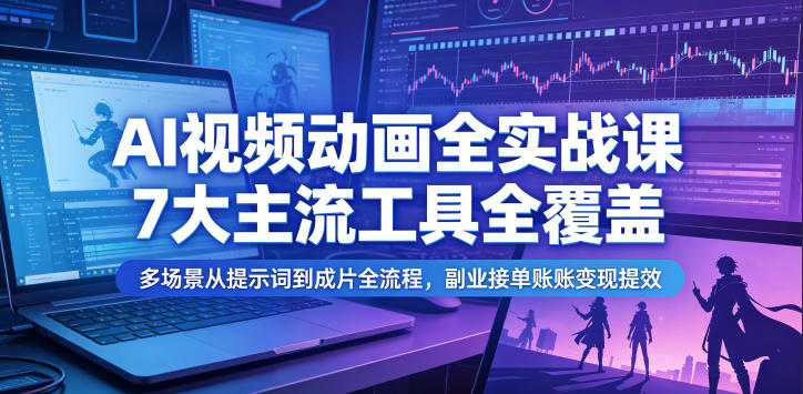 AI视频动画全实战课，7大主流工具全覆盖，多场景从提示词到成片全流程，副业接单账号变现提效-校睿铺