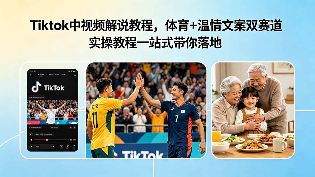 Tiktok中视频解说教程，体育+温情文案双赛道实操教程一站式带你落地-校睿铺