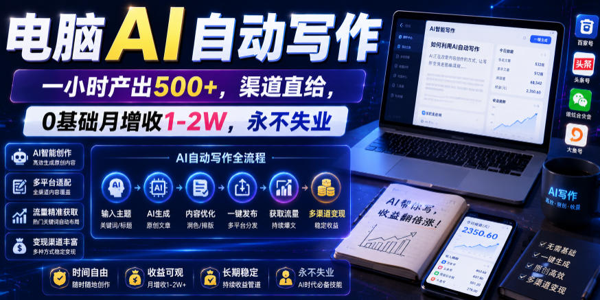电脑AI自动写作，一小时产出500+，渠道直给，0基础月增收1-2W，永不失业【揭秘】-校睿铺