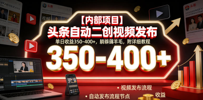 【内部项目】头条自动二创视频发布，单日收益350-400+，躺賺薅羊毛，附详细教程【揭秘】-校睿铺