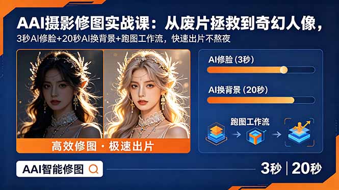AI摄影修图实战课：从废片拯救 到 奇幻人像，3秒AI修脸+20秒AI换背景+跑图工作流，快速出片不熬夜-校睿铺