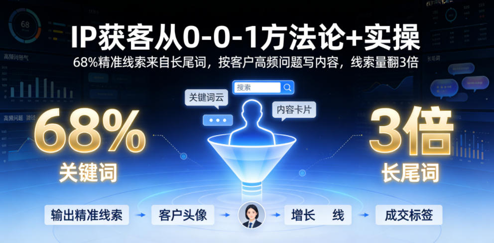 IP获客从0-1方法论+实操，68%精准线索来自长尾词，按客户高频问题写内容，线索量翻3倍-校睿铺