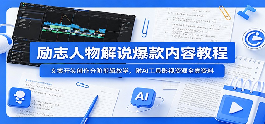 励志人物解说爆款内容教程：文案开头创作分阶剪辑教学，附AI 工具影视资源全套资料-校睿铺