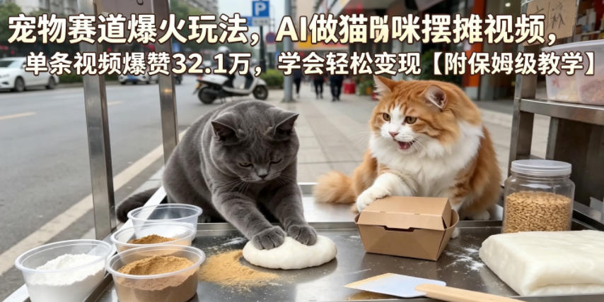 宠物赛道爆火玩法，AI做猫咪摆摊视频，单条视频爆赞32.1万，学会轻松变现【附保姆级教学】-校睿铺