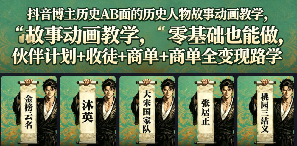 抖音博主历史AB面的历史人物故事动画教学，零基础也能做，伙伴计划+收徒+商单全变现路径教学-校睿铺