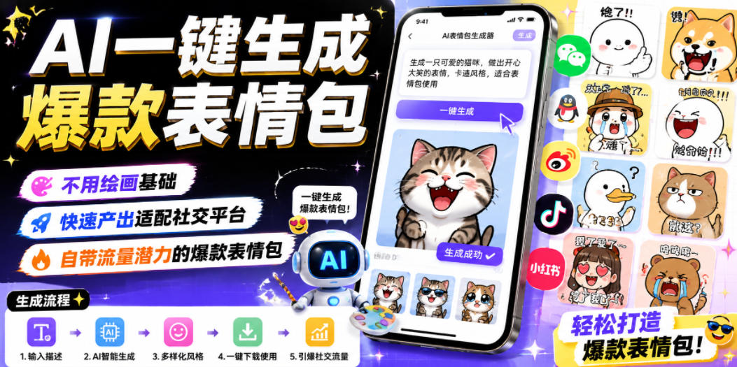 AI一键生成爆款表情包，不用绘画基础，快速产出适配社交平台，自带流量潜力的爆款表情包-校睿铺