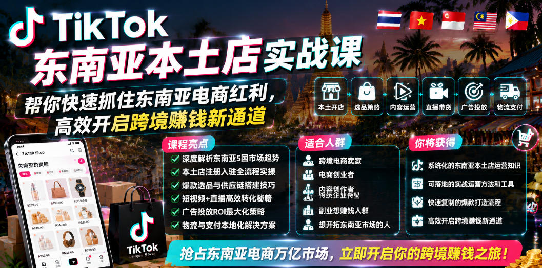 TikTok东南亚本土店实战课，帮你快速抓住东南亚电商红利，高效开启跨境賺钱新通道-校睿铺