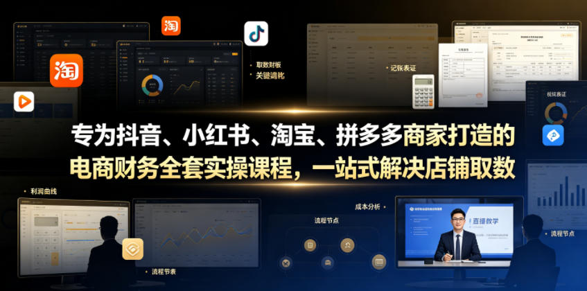 专为抖音、小红书、淘宝、拼多多商家打造的电商财务全套实操课程，一站式解决店铺取数、记账、报税全流程难题-校睿铺