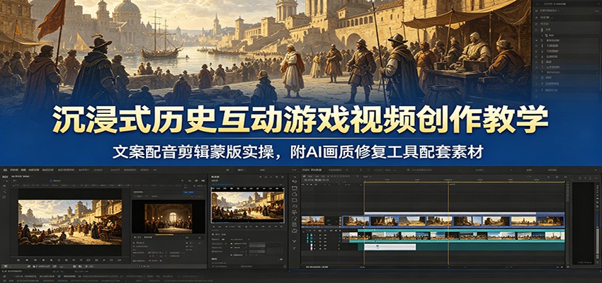 沉浸式历史互动游戏视频创作教学：文案配音剪辑蒙版实操，附AI画质修复工具配套素材-校睿铺