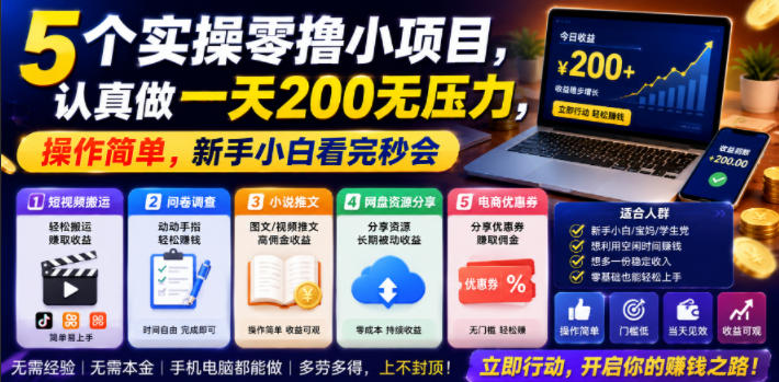 5个实操零撸小项目，认真做一天200无压力，操作简单，新手小白看完秒会【揭秘】-校睿铺