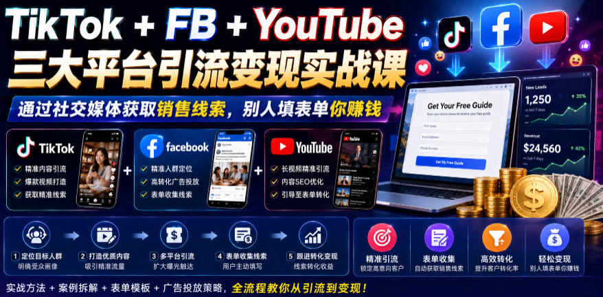 TikTok+FB+YouTube三大平台引流变现实战课，通过社交媒体获取销售线索，别人填表单你賺钱【原创双语字幕】-校睿铺