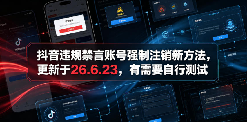 抖音违规禁言账号强制注销新方法，更新于26.6.23，有需要自行测试-校睿铺