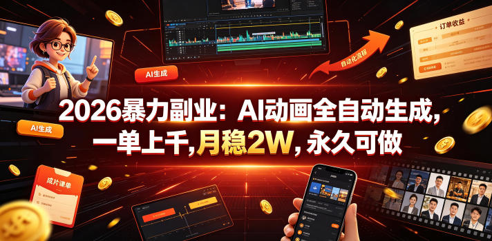2026暴力副业：AI动画全自动生成，一单上千，月稳2W，永久可做【揭秘】-校睿铺