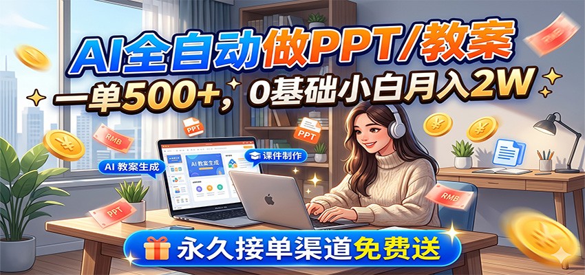 AI全自动做PPT/教案，一单500+，0基础小白月入2W，永久接单渠道免费送-校睿铺