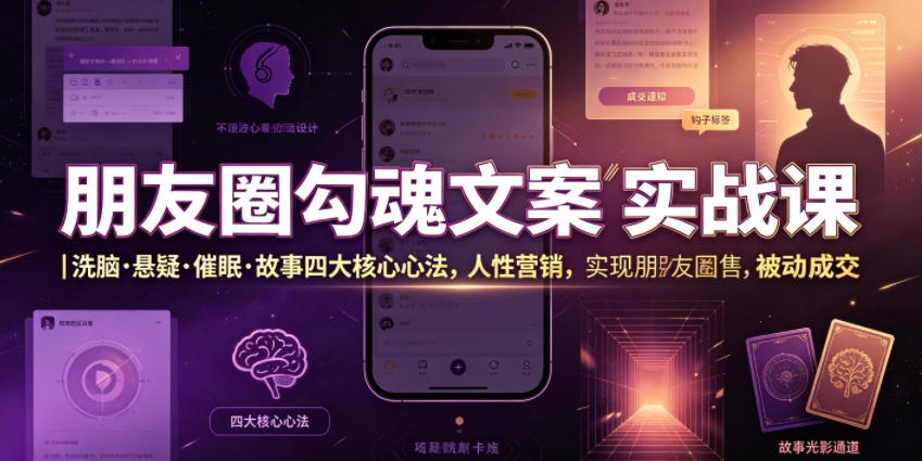 朋友圈勾魂文案实战课｜洗脑·悬疑·催眠·故事四大核心心法，吃透人性营销，实现朋友圈不销而售被动成交-校睿铺