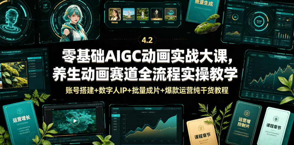 零基础AIGC动画实战大课，养生动画赛道全流程实操教学，账号搭建+数字人IP+批量成片+爆款运营纯干货教程-校睿铺