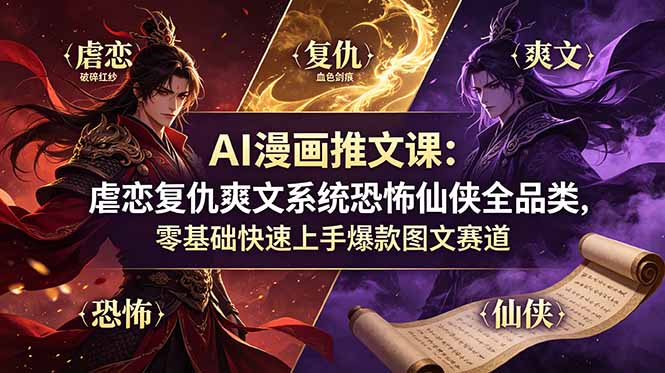 AI漫画推文课：虐恋复仇爽文系统恐怖仙侠全品类，零基础快速上手爆款图文赛道-校睿铺