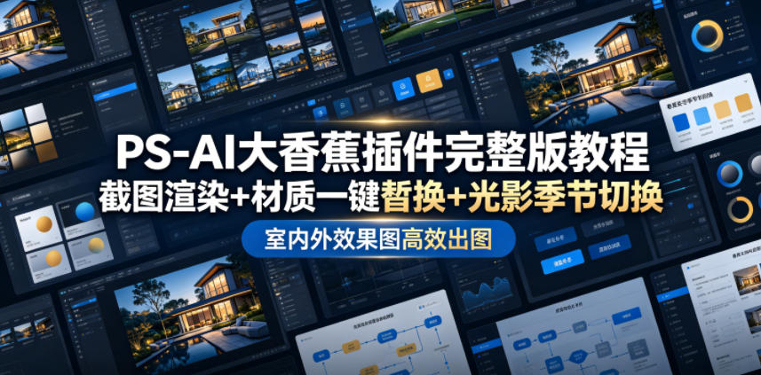 PS-AI大香蕉插件完整版教程，截图渲染+材质一键替换+光影季节切换，室内外效果图高效出图高阶课程-校睿铺