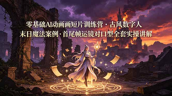 零基础AI动画短片训练营，古风数字人末日魔法案例，首尾帧运镜对口型全套实操讲解-校睿铺