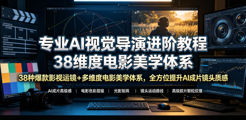 专业AI视觉导演进阶教程，38种爆款影视运镜+多维度电影美学体系，全方位提升AI成片高级感与镜头质感-校睿铺
