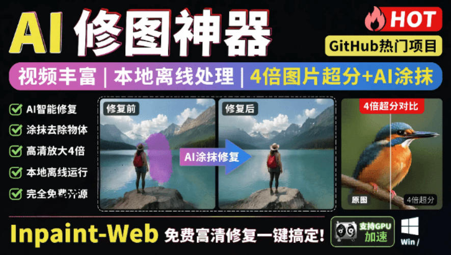 本地离线处理，4倍图片超分+AI涂抹去水印！Github上热门神器，免费高清修复图一键搞定！Inpaint-Web-校睿铺