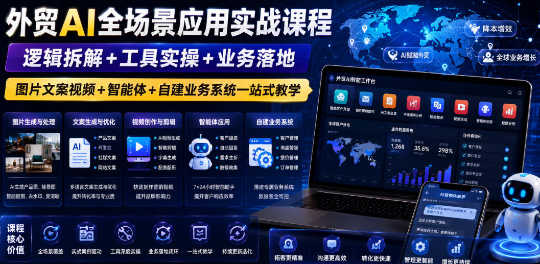 外贸AI全场景应用实战课程｜逻辑拆解+工具实操+业务落地，图片文案视频+智能体+自建业务系统一站式教学-校睿铺