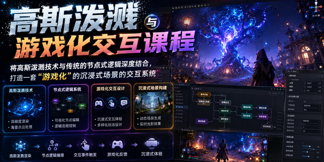 高斯泼溅与游戏化交互课程，将高斯泼溅技术与传统的节点式逻辑深度结合，打造一套“游戏化”的沉浸式场景的交互系统-校睿铺