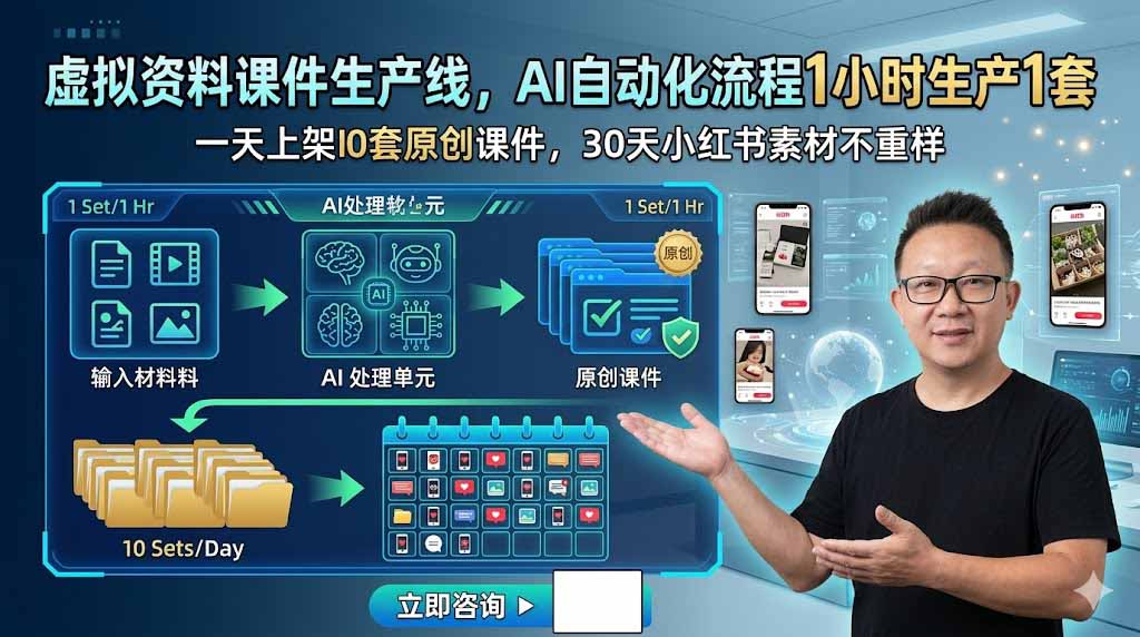 虚拟资料课件生产线，AI自动化流程1小时生产1套，一天上架10套原创课件，30天小红书素材不重样-校睿铺