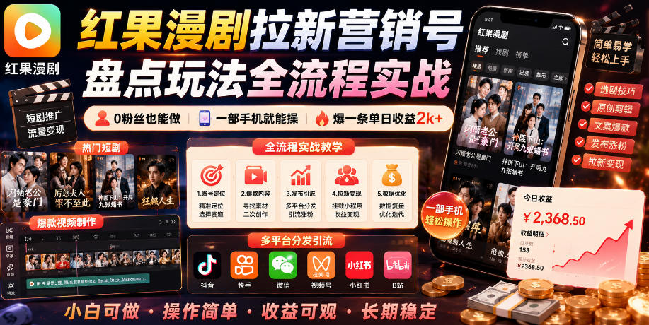 红果漫剧拉新营销号盘点玩法全流程实战，0粉丝也能做，一部手机就能做，爆一条单日收益2k+(更新0628)-校睿铺