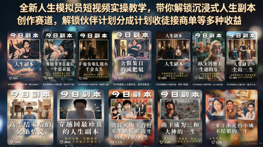 全新人生模拟员短视频实操教学，带你解锁沉浸式人生副本创作赛道，解锁伙伴计划分成计划收徒接商单等多种收益-校睿铺