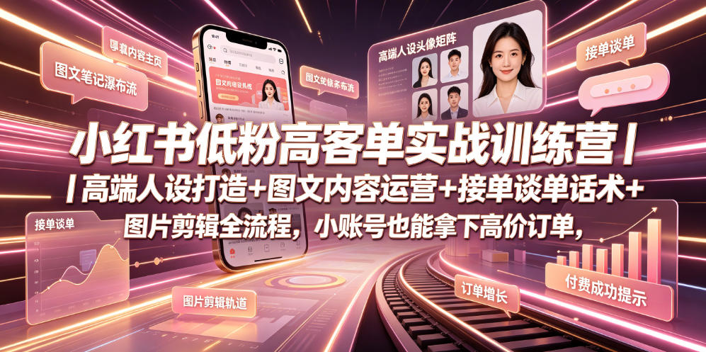 小红书低粉高客单实战训练营｜高端人设打造+图文内容运营+接单谈单话术+图片剪辑全流程，小账号也能拿下高价订单-校睿铺
