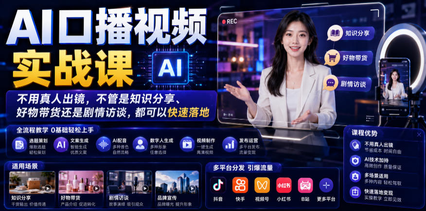 AI口播视频实战课，不用真人出镜，不管是知识分享、好物带货还是剧情访谈，都可以快速落地-校睿铺