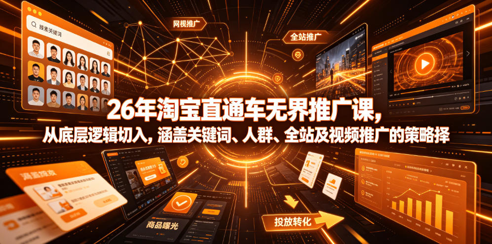 26年淘宝直通车无界推广课，从底层逻辑切入，涵盖关键词、人群、全站及视频推广的策略选择-校睿铺
