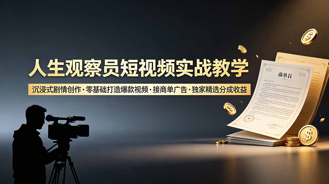 人生观察员短视频实战教学，沉浸式剧情创作，零基础打造爆款视频，接商单广告，独家精选分成收益-校睿铺
