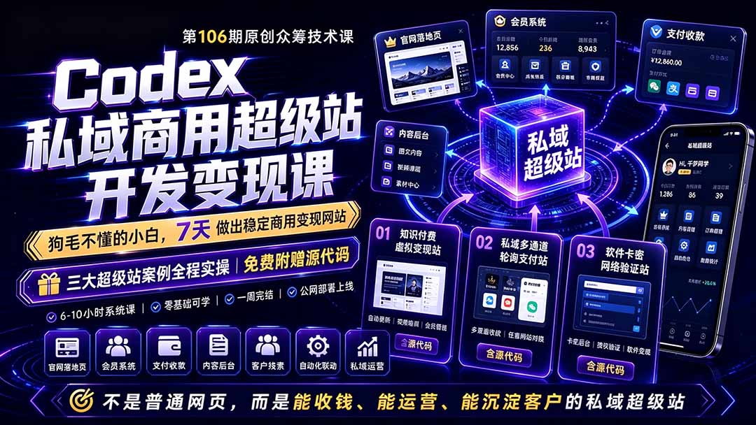 Codex私域商用超级站Ai开发变现课106期-更新0630：不是普通网站，而是能收钱，能运营，能沉淀客户的私域超级站-校睿铺