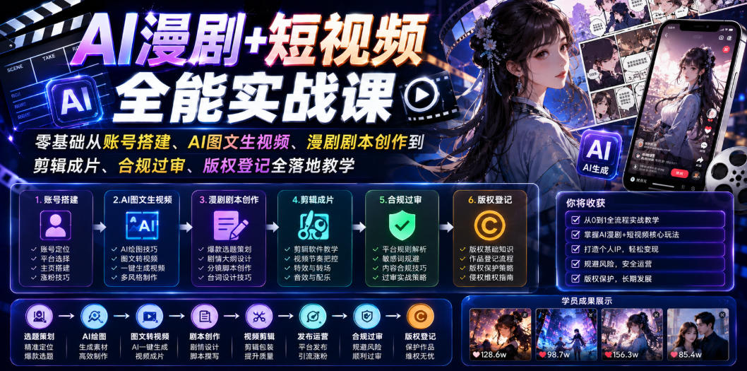 AI漫剧+短视频全能实战课｜零基础从账号搭建、AI图文生视频、漫剧剧本创作到剪辑成片、合规过审、版权登记全落地教学-校睿铺