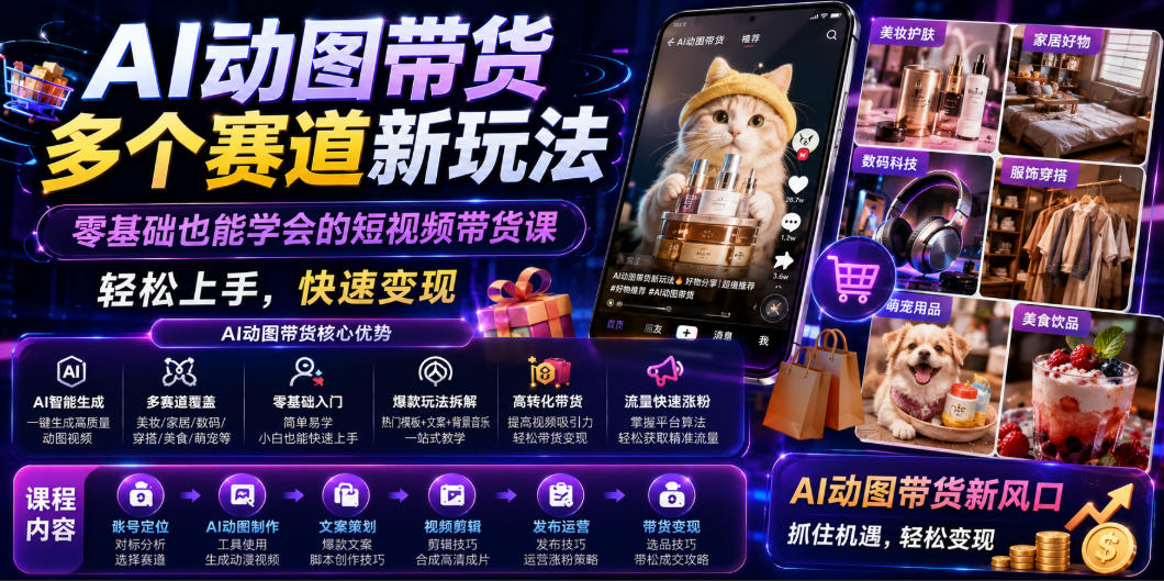 AI动图带货多个赛道新玩法，零基础也能学会的短视频带货课，轻松上手，快速变现-校睿铺